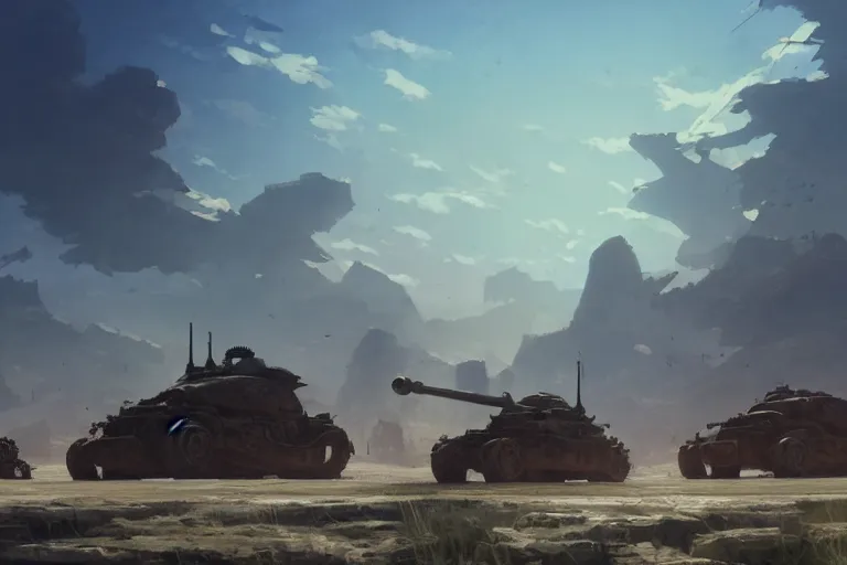 Prompt: concept art of a dry, dusty field with ruined dieselpunk orcish tanks in the background, key visual, ambient lighting, highly detailed, digital painting, artstation, concept art, sharp focus, by makoto shinkai and akihiko yoshida and hidari and wlop