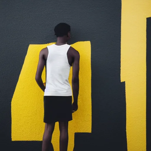 Image similar to black teenage boy with a long nose wearing a white tank top, walking in a nostalgic room with yellow walls and brown carpet