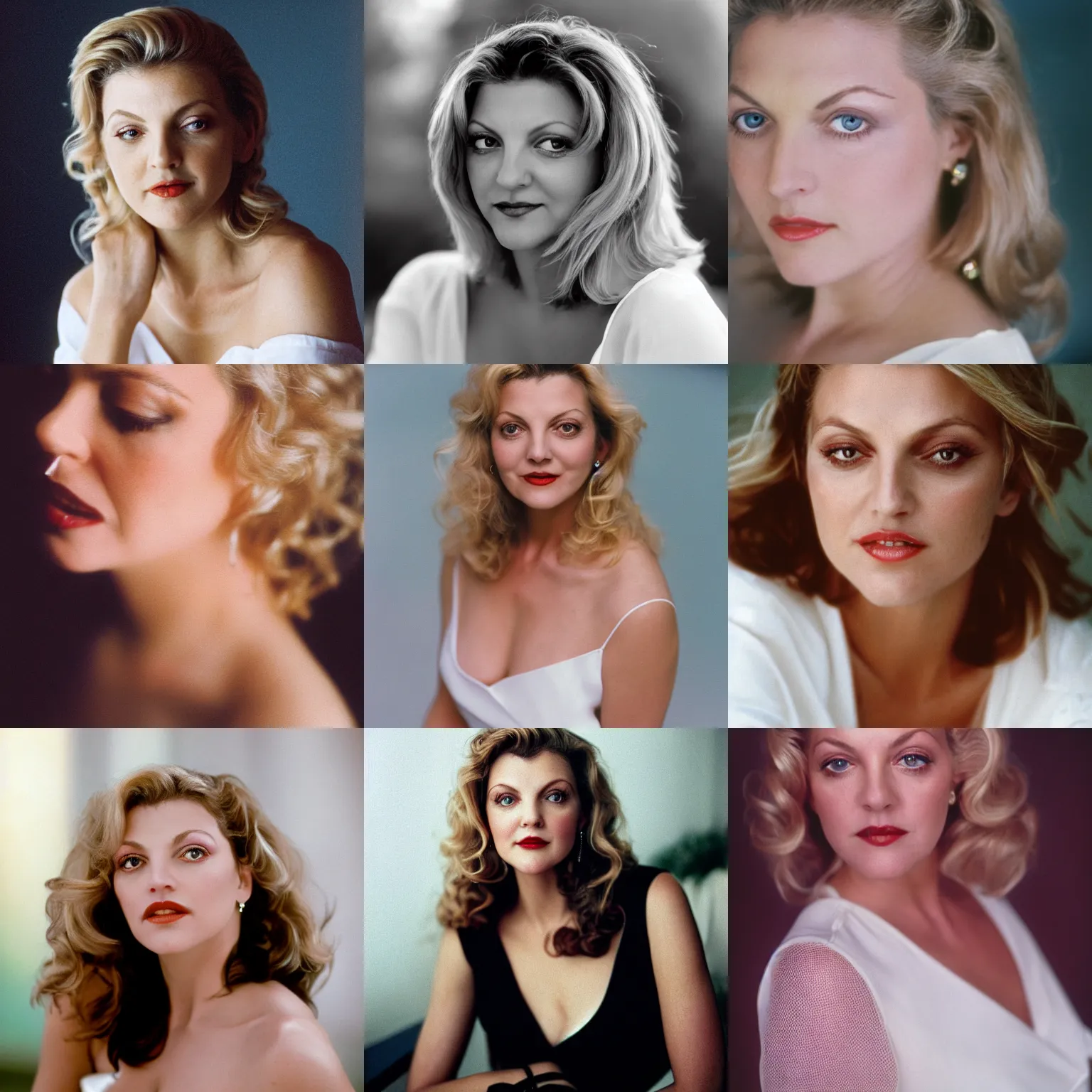 Prompt: the close - up portrait photo of actress sheryl lee in white dress shoted on 8 5 mm lens using kodak portra