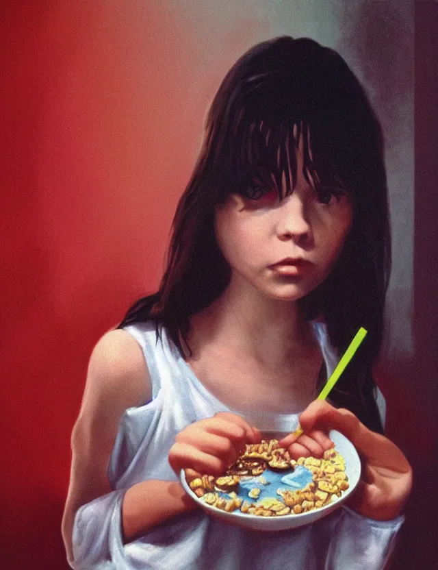 Image similar to young courtney cox eating cereal in an oversized shirt, redshift, colour shift, wide shot, coloured polaroid photograph, pastel, kodak film, hyper real, stunning moody cinematography, by maripol, fallen angels by wong kar - wai, style of suspiria and neon demon, david hockney, detailed, oil on canvas