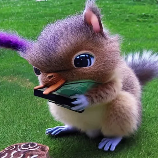 Image similar to trialcam footage of a long furby eating a squirrel