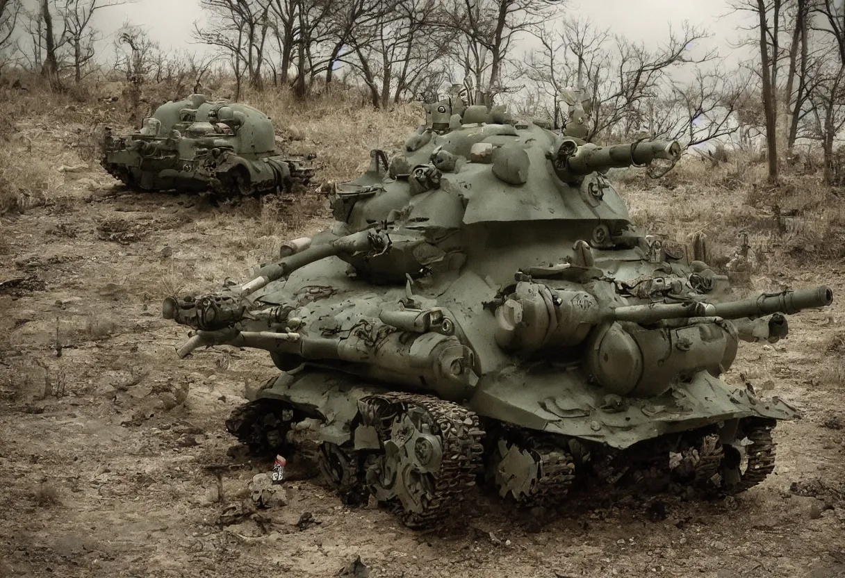 Image similar to totoro tank, post apocalyptic style. fox holes. rich color, shot on film, wide angle, storming