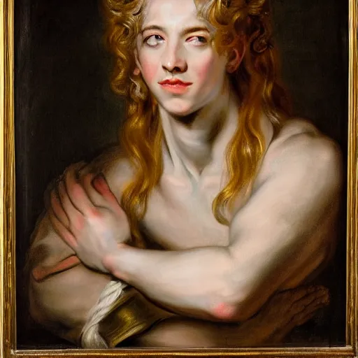 Prompt: beautiful portrait painting of the androgynous prince Lucius with long curly blond hair, very very very pale white skin, delicate young man wearing a wispy pink silk dress smiling sleepily at the viewer, symmetrically parted curtain bangs, in love by Peter Paul Rubens and Seb Mckinnon