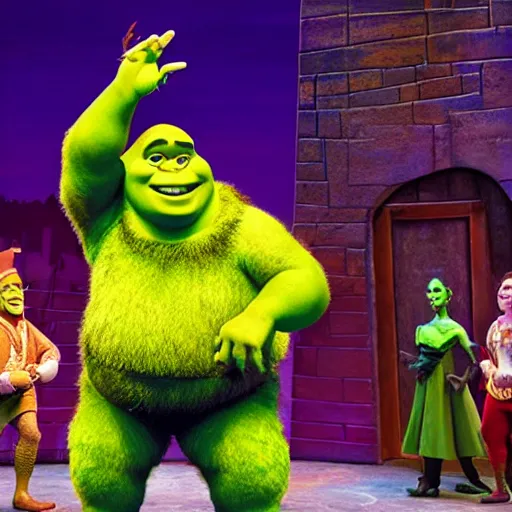 Prompt: shrek shouting into a handheld microphone on stage broadway promotional shot