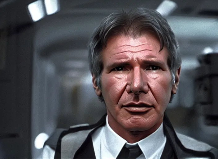 Prompt: screenshot of Harrison Ford dressed up as an imperial officer, iconic scene from 1970s spy thriller film directed by Stanley Kubrick, in a sci-fi shipping port, last jedi, 4k HD, cinematic lighting, beautiful portraits of Han, moody, stunning cinematography, anamorphic lenses, kodak color film stock