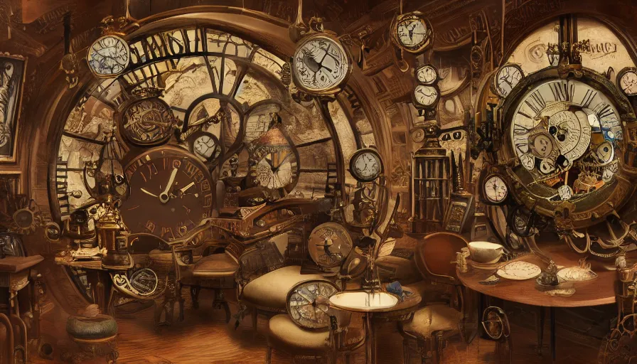 Image similar to a circular common room full of antique clocks, high detail, steampunk, fantasy, mechanical, 4 k, trending on artstation