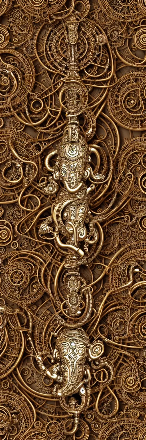 Prompt: seamless pattern of steampunk cybernetic biomechanical hindu god ganesha, 3 d model, very coherent symmetrical artwork, unreal engine realistic render, 8 k, micro detail, gold white plastic and steel intricate, elegant, highly detailed, digital painting, artstation, smooth, sharp focus, illustration, artgerm, tomasz alen kopera, wlop