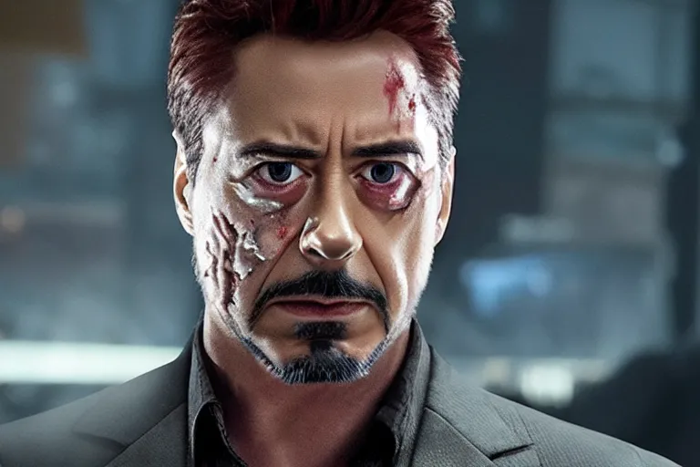 Image similar to film still of zombie Tony Stark in new avengers movie, 4k