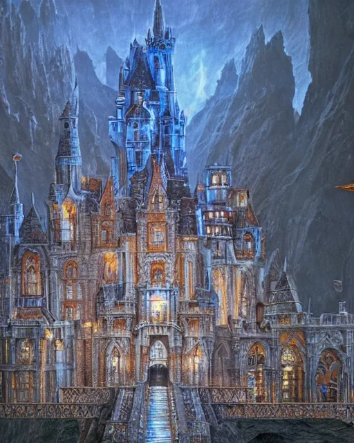 Image similar to beautiful concept art of a high fantasy castle by alan lee made of diamond filled with copper veins, blue translucent resin, bioluminescent, ultra realistic, ultra detailed, masterpiece by mc escher and hr giger, 8 k octane render, ambient diffusion, subsurface scattering, trending on artstation, cgstudio