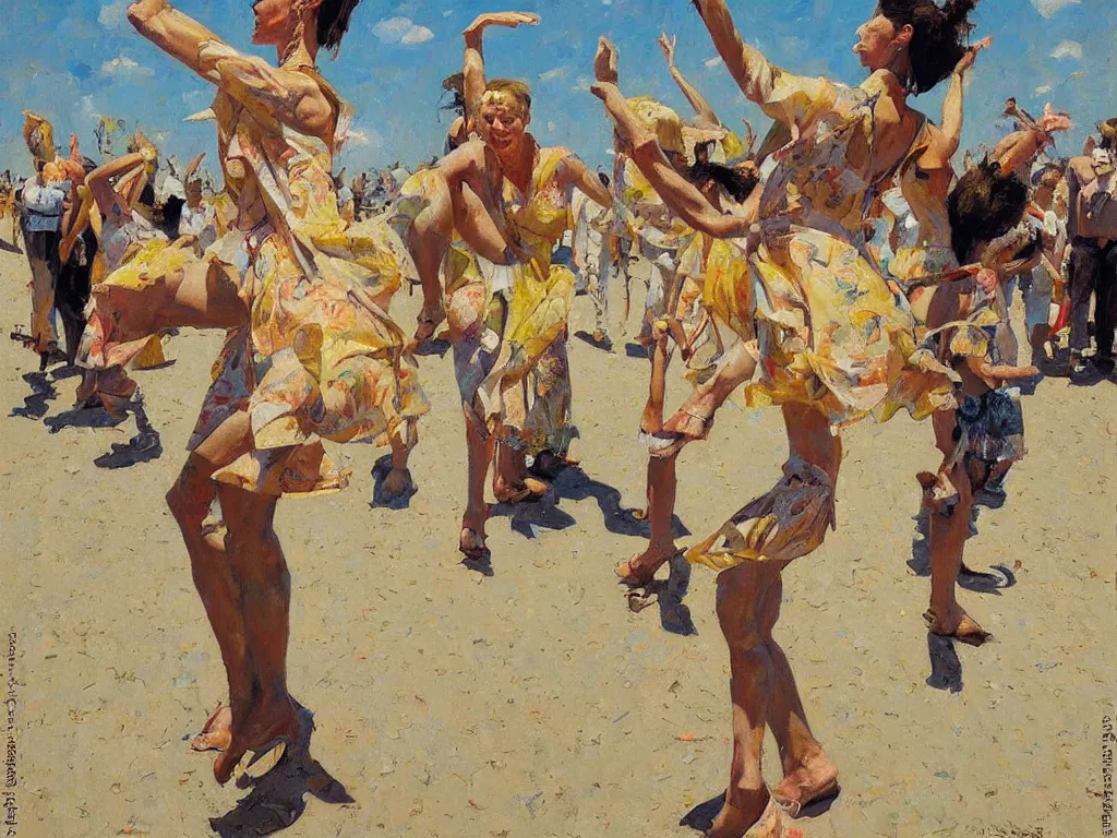 Image similar to tall woman dancing, heatwave, Denis sarazhin, oil on canvas