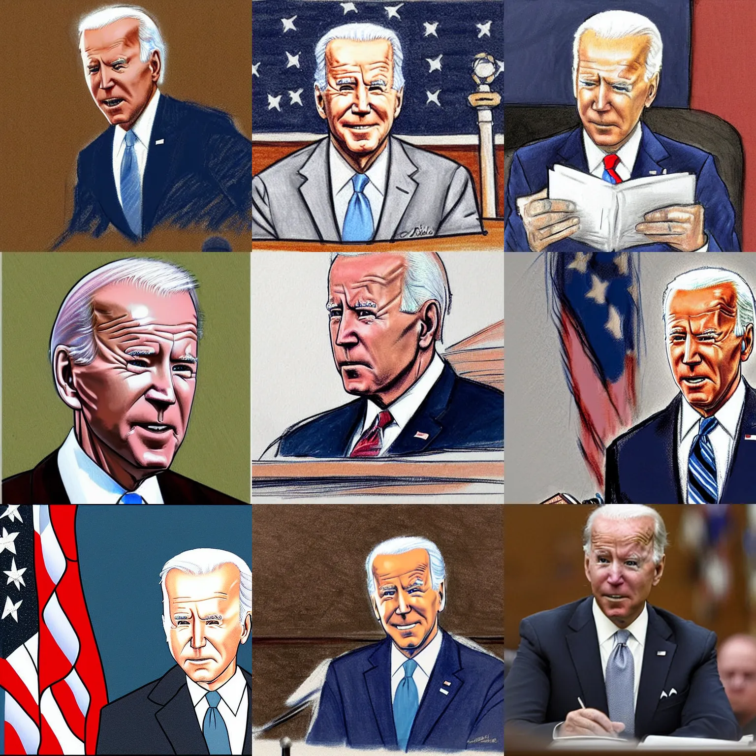 Prompt: courtroom sketch of Joe Biden, Associated Press