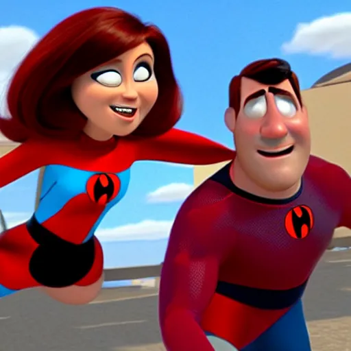 Prompt: bob parr as mr.incredible and helen parr as elastigirl spend time with violet and dash in incredibles movie from 2004