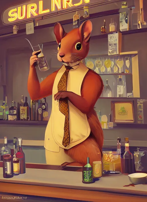 Image similar to squirrel anthro as a dapper bartender with a big, fluffy tail, retro futurism, art deco, detailed painterly digital art style by WLOP and Cory Loftis, 🐿🍸🍋, furaffinity, trending on artstation