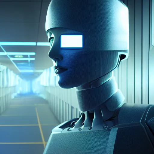 Image similar to hyperrealism stock photo of highly detailed stylish humanoid robot in sci - fi cyberpunk style by gragory crewdson and vincent di fate with many details by josan gonzalez working in the highly detailed data center by mike winkelmann and laurie greasley hyperrealism photo on dsmc 3 system rendered in blender and octane render