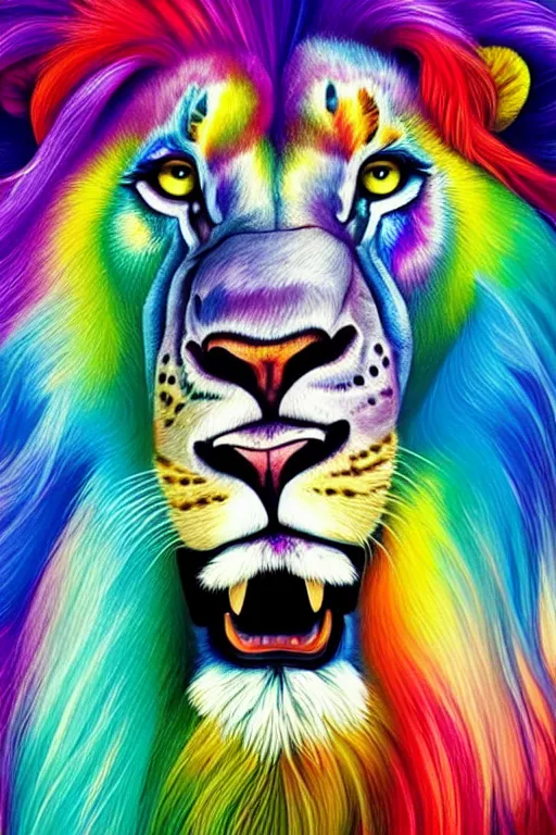 Prompt: a realistic colorful painting of a iridescent - haired lion, directed gaze, striking eyes, digital art by rhads, lisa frank, clint cearley, trending on artstation, psychedelic art, psychedelic, vibrant colors, mystical, digital illustration