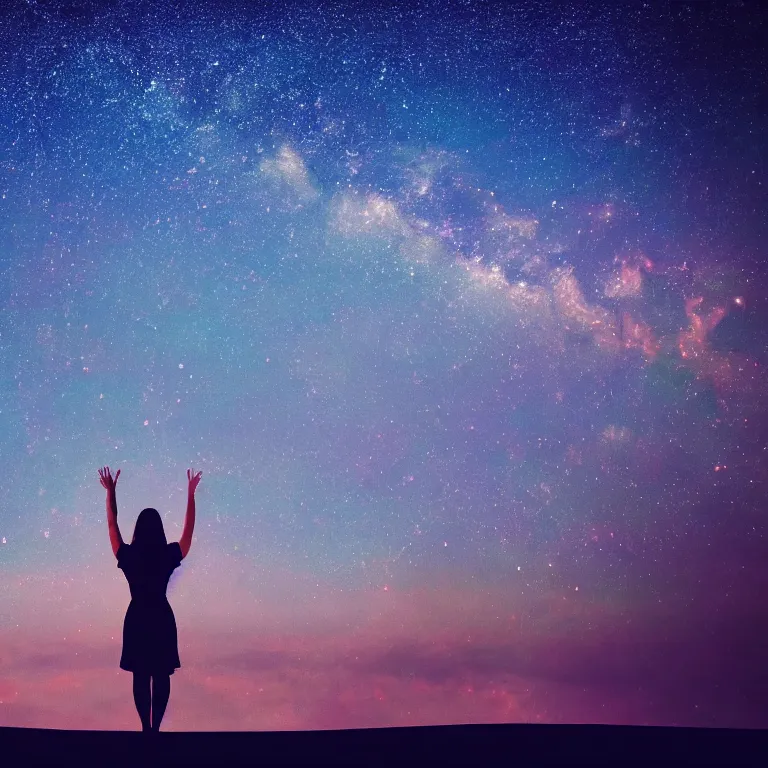 Image similar to a beautiful landscape of a starry sky with an woman waving to the horizon, cinematic, dramatic, color grading, photojournalism, colorful, highly detailed