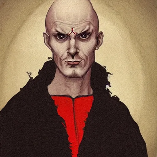 Prompt: d & d painting portrait necromancer man with bald head, red eyes, pallid skin, long flowing black and red robes. in style of leonardo davinci