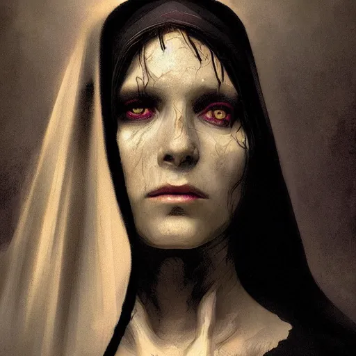 Image similar to A portrait of A zombie nun glowing black by greg rutkowski and alphonse mucha,In style of digital art illustration.Dark Fantasy.darksouls.hyper detailed,smooth, sharp focus,trending on artstation,4k