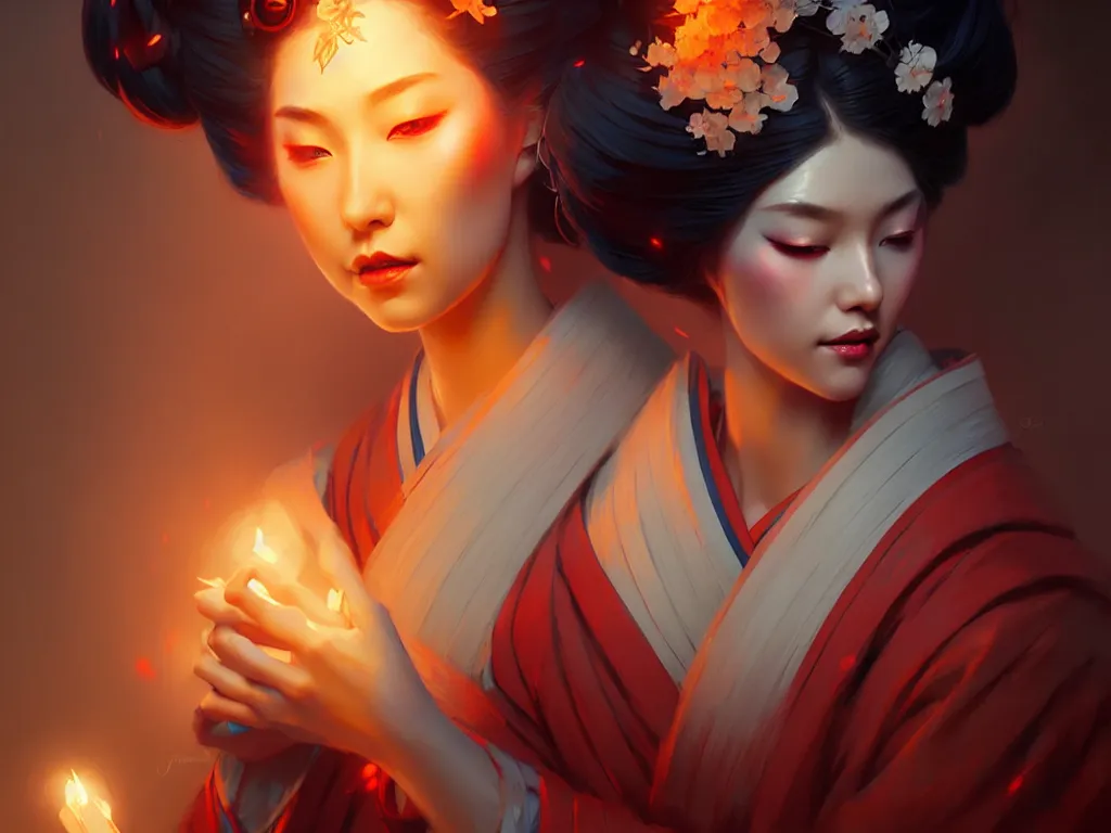 Image similar to pretty geisha, d & d digital painting, ultra realistic, beautiful, volumetric lighting, warm colors advance, cell shading, by james jean, greg rutkowski, wlop