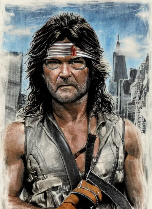 Image similar to Kurt Russell as Snake Plissken Escape From New York, Movie Inspired, mixed media, tritone