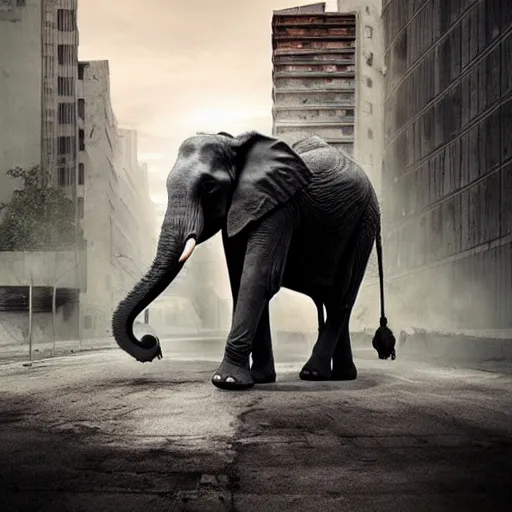 Prompt: elephant in a post apocalyptic city where the sky is green