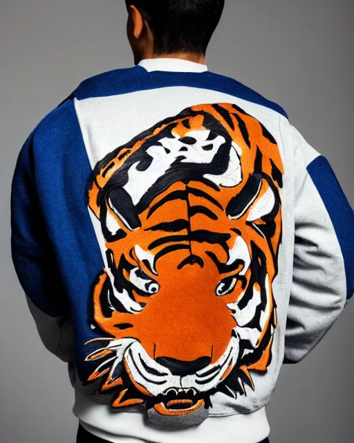 Image similar to photo back of a man wearing baseball jacket with a big tiger embrodery, irezumi, dark hangar background, centered, studio lighting, 1 5 0 mm