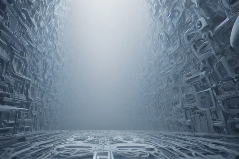 Image similar to a complex organic fractal 3 d ceramic humanoid quantum megastructure, cinematic shot, foggy, photo still from movie by denis villeneuve