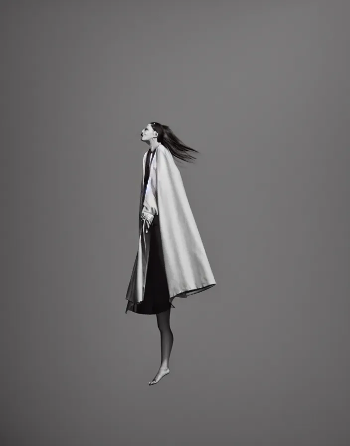 Image similar to high fashion portrait close - up of a lone single model posing melodramatically in a slick fashionable zara raincoat jumping floating suspended mid - air over a wet rainy contemporary lighting art installation designed by james turrell, photography shot by steven meisel, dali, wes anderson, lily frank, symmetry, rule of thirds, nostretch