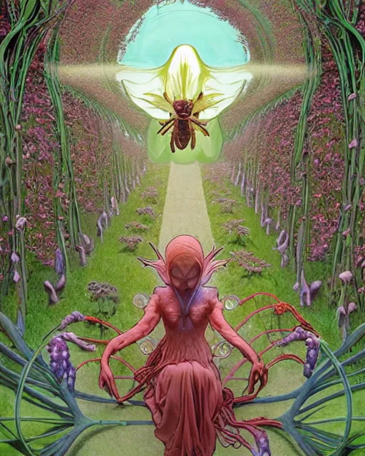 Image similar to the platonic ideal of flowers, sprouting, insects and praying of cletus kasady carnage davinci dementor chtulu mandala ponyo alice in wonderland dinotopia watership down, d & d, fantasy, ego death, lush, dmt, psilocybin, concept art by greg rutkowski and simon stalenhag and alphonse mucha