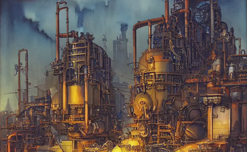 Prompt: industrial complex, colorful watercolor. by rembrant, battle angel alita, ralph mcquarrie, aluminum, 1 6 6 7