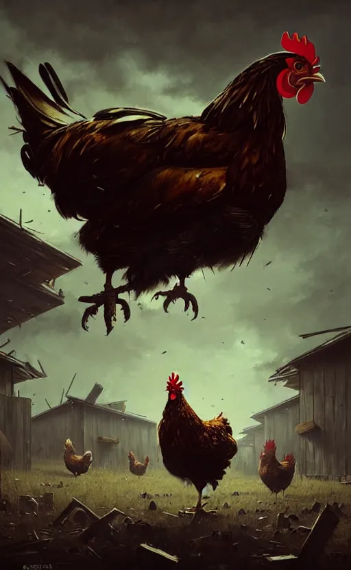 Image similar to chicken apocalypse, wide angle shot by greg rutkowski