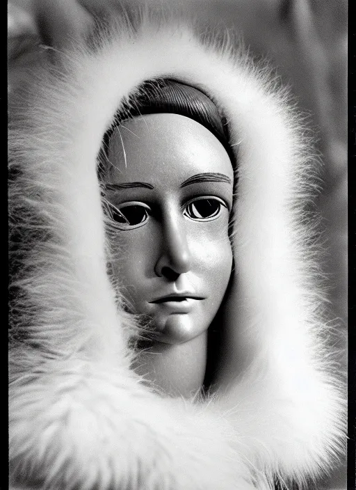 Prompt: realistic photo of a human model doll made of wood and covered with white dots, with a birds beak instead of the nose, white hairs and fluffy fur, center straight composition, front view 2 0 0 0, life magazine photo, museum archival photo