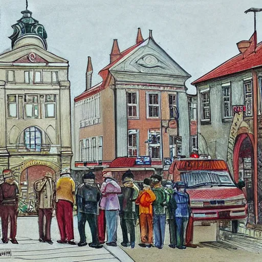 Prompt: the drawing depicts a police station in the lithuanian city of vilnius. in the foreground, a group of policemen are standing in front of the building, while in the background a busy street can be seen. indian by peter sculthorpe dismal