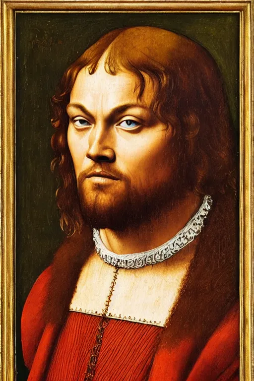 Image similar to 1 4 0 0 s renaissance portrait of leonardo dicaprio oil painting by jan van eyck, northern renaissance art, oil on canvas, wet - on - wet technique, realistic, expressive emotions, intricate textures, illusionistic detail