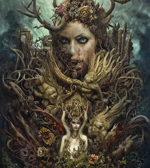 Prompt: portrait of the supreme king of the underworld, surrounded by skulls and overgrowth and dark flowers by karol bak, Tomasz Alen Kopera, James Jean, tom bagshaw, rococo, trending on artstation, cinematic lighting, hyper realism, octane render, 8k, hyper detailed.