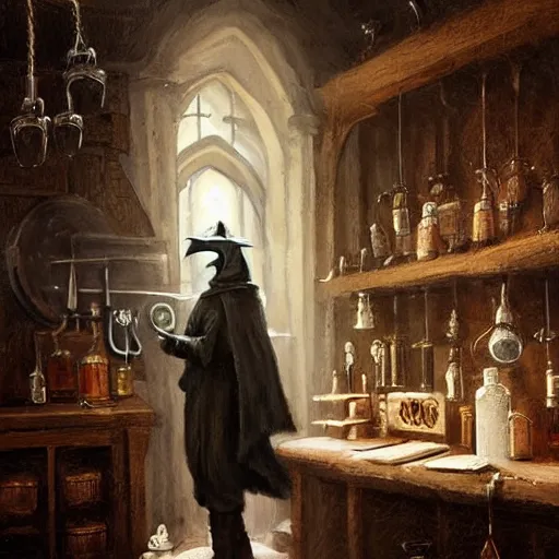 Image similar to plague doctor working in medieval apothecary, magical alchemy laboratory, oil painting, by Greg Rutkowski