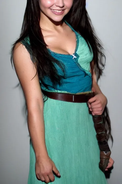 Image similar to fantasy character photo. facial expression of manic obsessive love. danielle campbell. black hair in ponytail. bright blue eyes. tall, lanky, athletic, wiry. sleeveless light green dress. gleefully telling a bs story full of lies