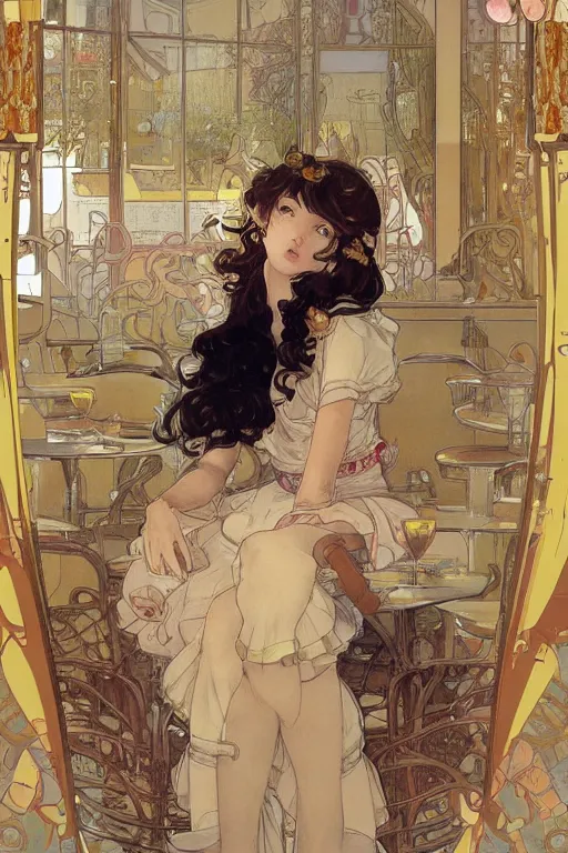 Image similar to A girl in a maid's outfit in a cafe a afternoon, wavy hair yellow theme,S line,45 angel by mucha and range murata and greg rutkowski