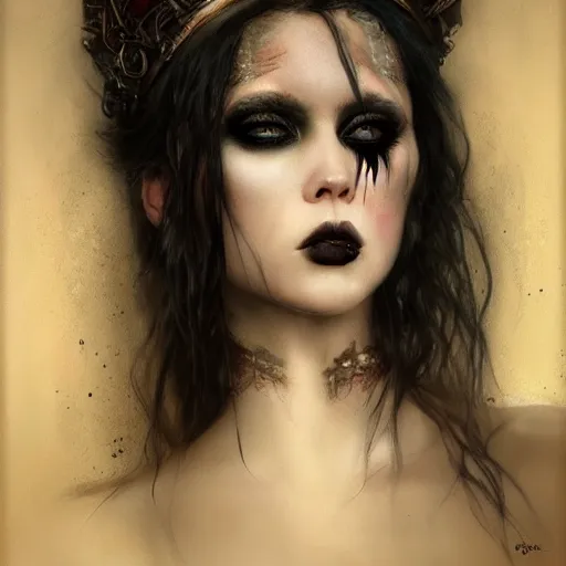 Prompt: a beautiful portrait of kerli koiv with pastel goth makeup, lip rings, dimples, a detailed painting by greg rutkowski and raymond swanland and luis royo, featured on cgsociety, grimdark art, detailed painting, artstation hd, photorealistic