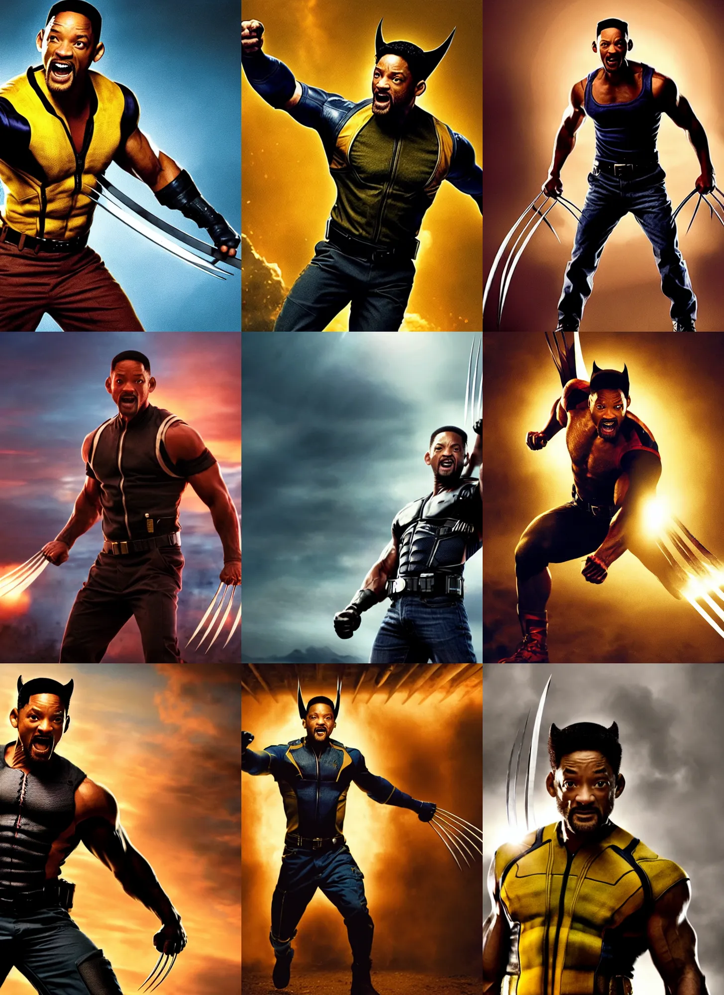 Prompt: a movie still of will smith as wolverine, detailed, dynamic lighting, heroic pose, 8 k hdr movie still