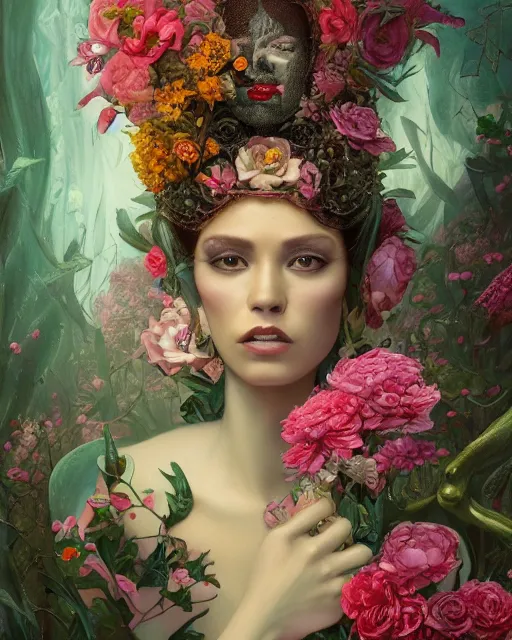 Image similar to portrait of the mexican queen of the underworld, surrounded by flowers by karol bak, james jean, tom bagshaw, rococo, sharp focus, trending on artstation, cinematic lighting, hyper realism, octane render, 8 k, hyper detailed.