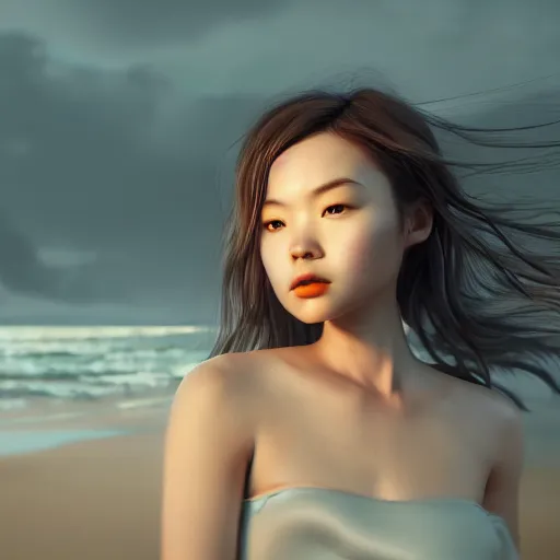 Image similar to a photorealistic hyperrealistic, jade hsu, girl on the beach, beautiful dynamic dramatic low - light moody lighting, cinematic atmosphere, artstation, concept design art, octane render, 8 k