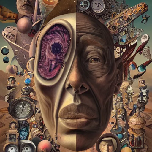 Image similar to a little time and a lot of space stands a man with infinite faces, 4 k, high level of detail, surrealism