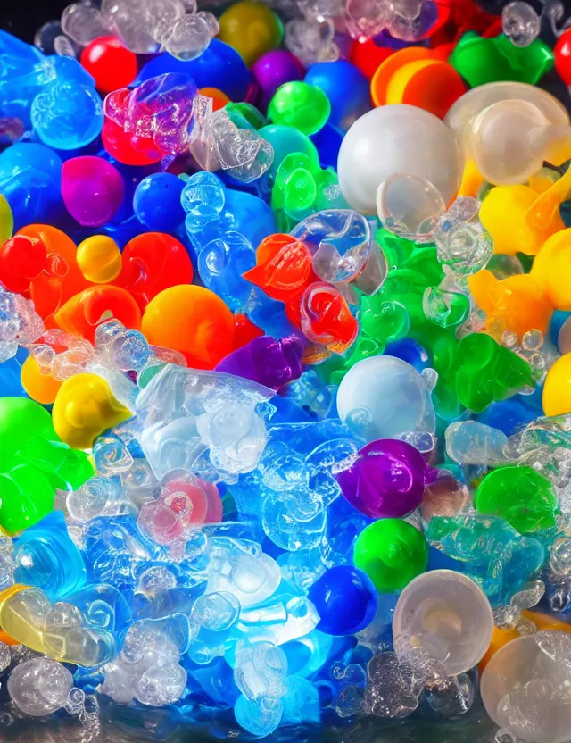 Prompt: a well - lit studio photograph of various plastic toys floating in a bowl of water, some smooth, some wrinkled, some long, various sizes, textures, and transparencies, beautiful, smooth, detailed, inticate