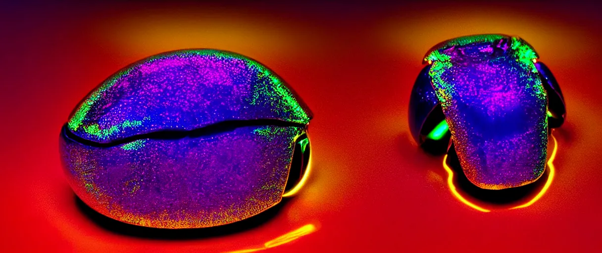 Image similar to hyperrealistic glowy iridescent cyborg scarab! jeweled gorgeous! highly detailed digital art david ligare peter zumthor dramatic purple neon lighting high quality low angle hd 8k sharp shallow depth of field