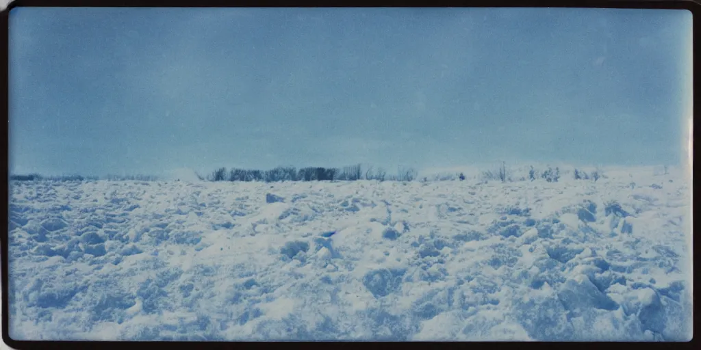 Prompt: analog polaroid of a snowed over wasteland, bright white snow, blue sky, colorbleed