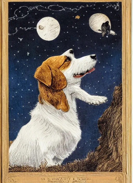 Image similar to portrait of jack russel dog looking up and howling with mouth open sad, night sky, highly detailed, side view, illustrated by peggy fortnum and beatrix potter and sir john tenniel