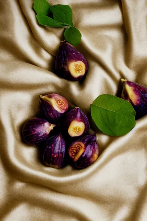 Image similar to Photo print of figs lying on a beige silk cloth, food photography, award winning, highly detailed, 4k, 1970s National Geographic.