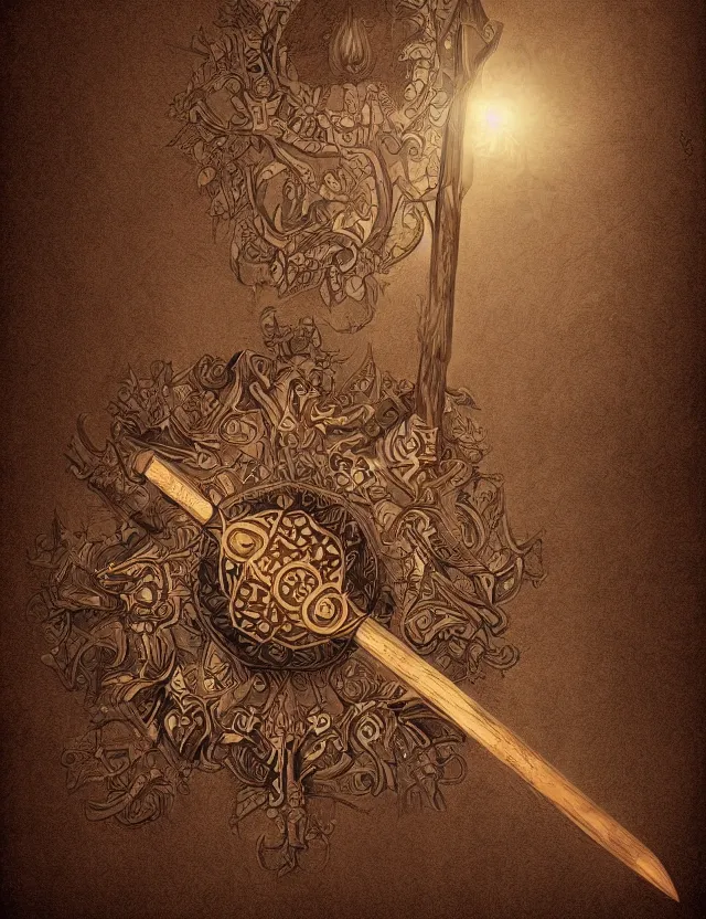 Image similar to an ornate wooden staff, fantasy illustration, medieval era, blank background, studio lighting, hand - drawn digital art