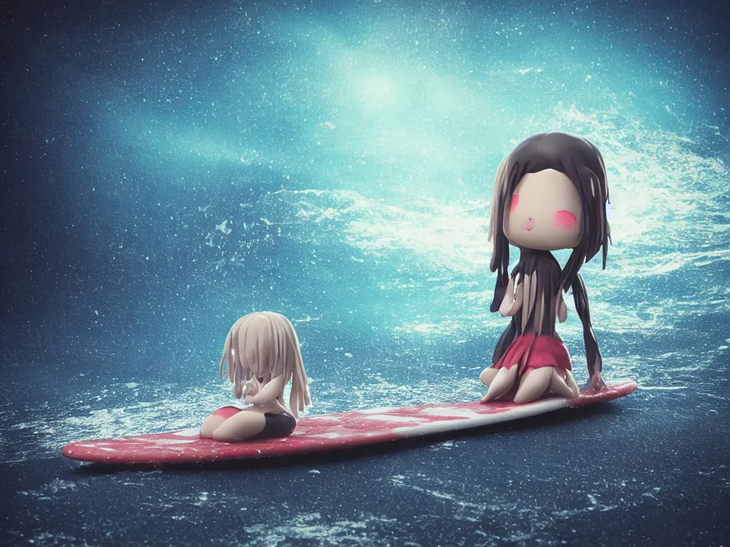 Prompt: cute fumo plush gothic maiden alien girl sitting on a surfboard in the waves of the dark galactic abyss, ocean waves and reflective splashing water, vignette, vray